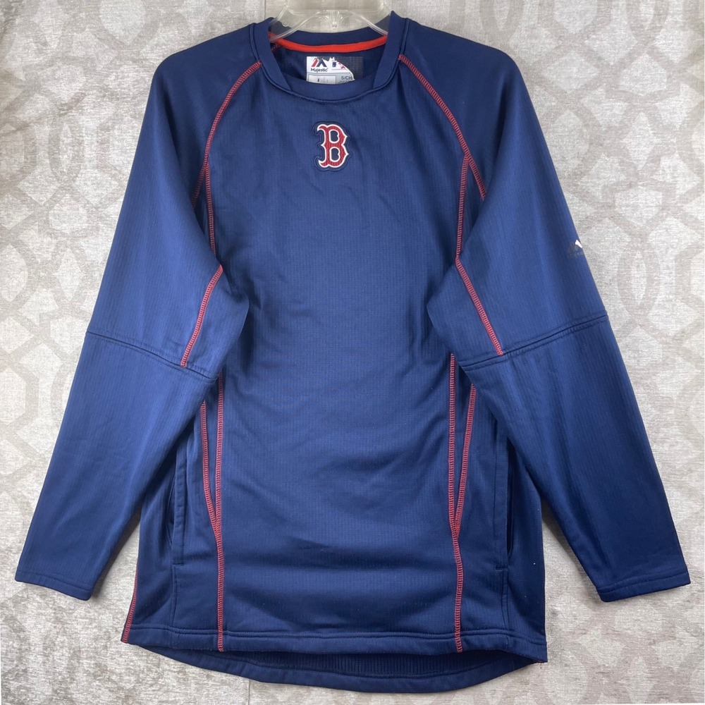 Majestic Boston Red Sox MLB Men Small Navy Blue Pullover Training Shirt Waffle